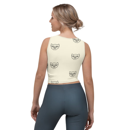 Beige kissa-aiheinen crop-top – täydellinen niin salille kuin katutyyliin.